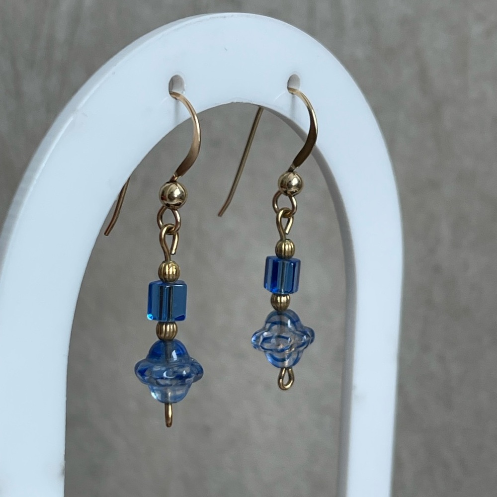 14K GF Gold and Blue Glass Dangle Earrings